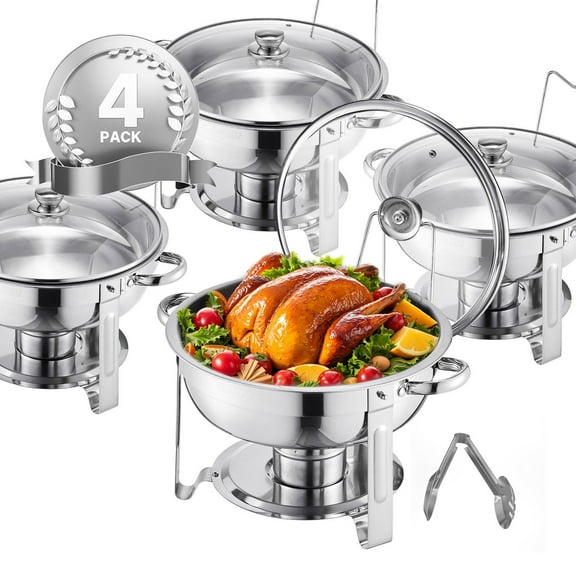 CAFORKP 5 QT Chafing Dish Buffet Set 4-Pack, Round Stainless Steel Chafer with Glass Lid