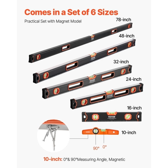 CAFORKP 6-in-1 Torpedo Leveler Kit - Multi-Size (10" to 78") Magnetic Aluminum Alloy Box Level with 45/90/180 Bubble Vials & Dual SAE/Metric Ruler