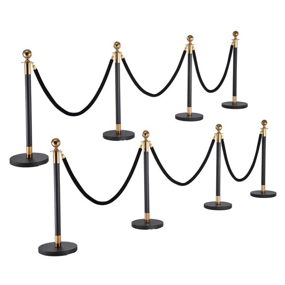 CAFORKP 8 Pcs Heavy Duty Stainless Steel Queue Stanchion, Crowd Control Barriers with 6 Black Velvet Ropes, Hollow Base for Party Wedding Exhibition Event