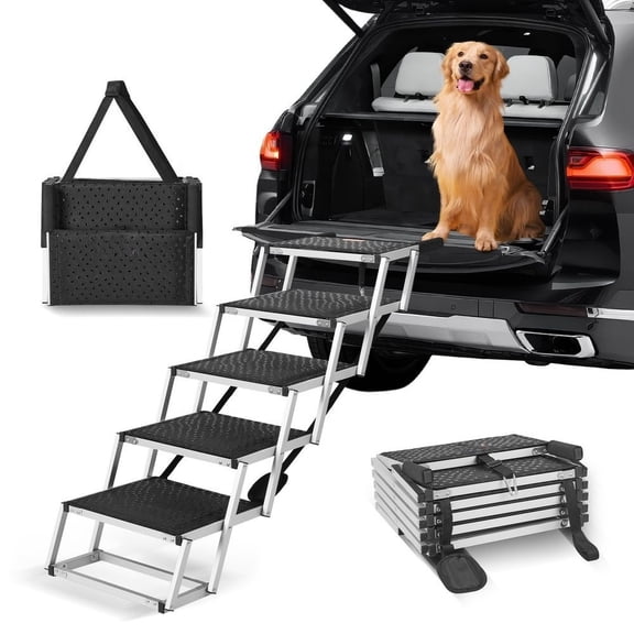 CAFORKP Aluminum Folding Dog Steps for Car, 5-Step Pet Ramp with 150lb Capacity