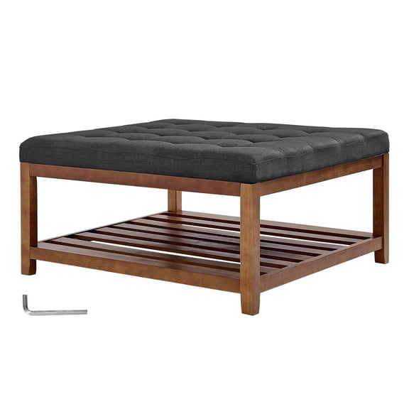 CAFORKP Coffee Table, 34.5" Tufted Solid Wood Shelf, Linen Upholstered Footrest,400 lbs