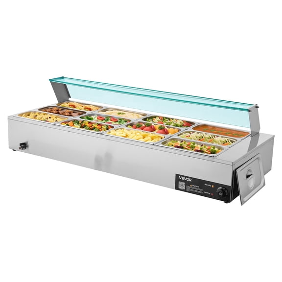 CAFORKP Commercial 12-Pan Electric Food Warmer, 1700W Stainless Steel Steam Bain Marie with Glass Cover & Ladles, Countertop Buffet Warmer for Catering Events Restaurant Party