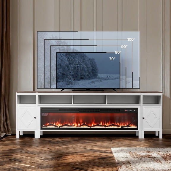 CAFORKP Farmhouse Style TV Stand with Built-In 60" Electric Fireplace & Drawers, Holds TVs Up to 100 Inches, Remote Controlled, White Entertainment Cabinet