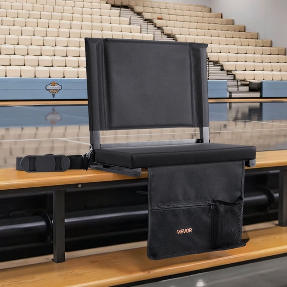 CAFORKP Folding Bleacher Seat with Extra Thick Cushion & Back Support - Includes Shoulder Strap, Cup Holder, Side Pocket & Hooks  Black