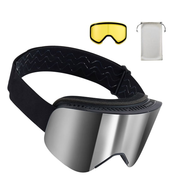 CAFORKP Frameless Magnetic Cylindrical Ski Goggles with Silver Mirror Anti-Fog Lens, OTG Snowboard Goggles with Ventilated TPU Frame for Skiing Skating