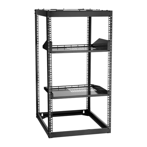 CAFORKP Heavy Duty 20U Open Rack, 23 Inch Deep 4-Post Design, Wall Mount or Floor Standing with Vented Shelves & Mounting Kit, for Networking & Server Gear