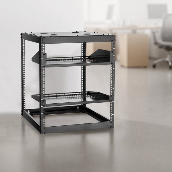 CAFORKP Heavy Duty 4-Post 12U Server Rack, 23" Deep Open Frame - Universal Wall Mount or Floor Standing Network Enclosure with Vented Shelves for IT, Networking, AV Gear