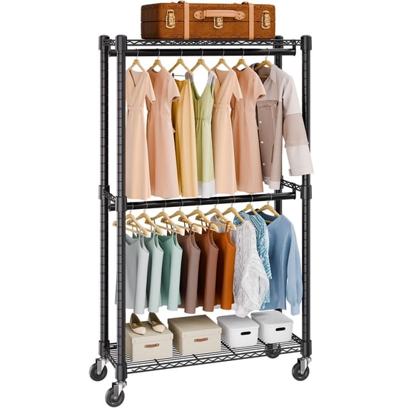 CAFORKP Heavy Duty Double Rod Rolling Clothes Rack, Top & Bottom Storage Tier Garment Organizer, 1 Inch Thick Steel Tube Hanging Rack Hold up to 300 LBS for Hanging Garments