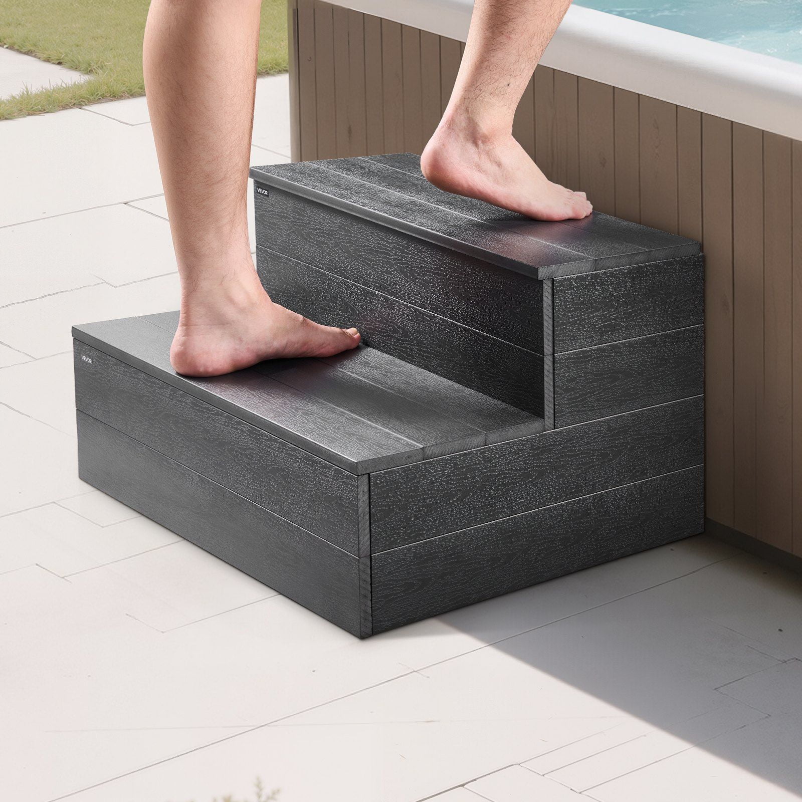 CAFORKP Hot Tub Steps 2-Step Outdoor Spa Stairs, Heavy Duty 25" Wide Pool Ladder for Above Ground & Inflatable Pools, 600 lbs Capacity, Multi-Use for Patio, Deck, Campers, Graphite Gray