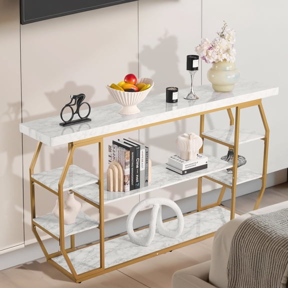 CAFORKP Large Golden Geometric Console Table with Marble Top - 3-Tier Modern Hallway & Living Room Table