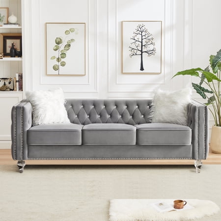 CAFORKP 3-Seater Sofa, Polyester Upholstery, Button Tufted, Solid Wood Frame, Curved Arms, Gray