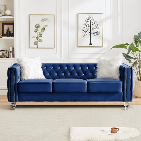 CAFORKP 3-Seater Sofa, Polyester Upholstery, Button Tufted, Solid Wood Frame, Curved Arms, Navy Blue