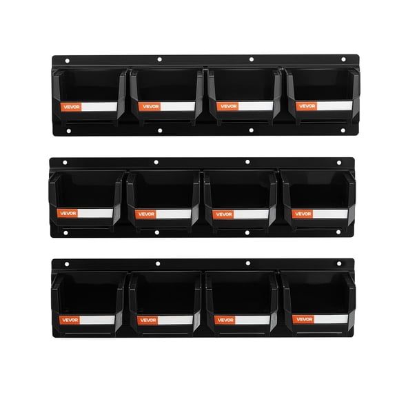 CAFORKP Wall-Mounted Stackable Storage Bins, Hardware Organizer, Black, 12 Plastic Bins, 3 Metal Rails