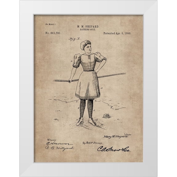 CAG 11x14 White Modern Wood Framed Museum Art Print Titled - Patent Document of a Bathing Suit