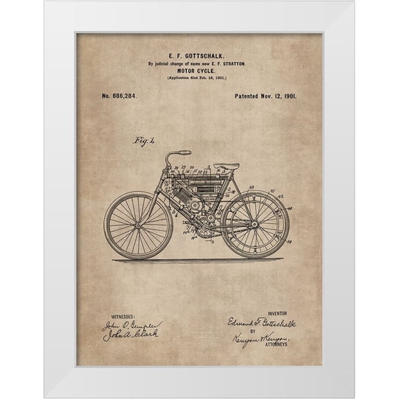 CAG 11x14 White Modern Wood Framed Museum Art Print Titled - Patent Document of a Motor Cycle