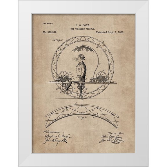 CAG 11x14 White Modern Wood Framed Museum Art Print Titled - Patent Document of a One Wheeled Vehicle