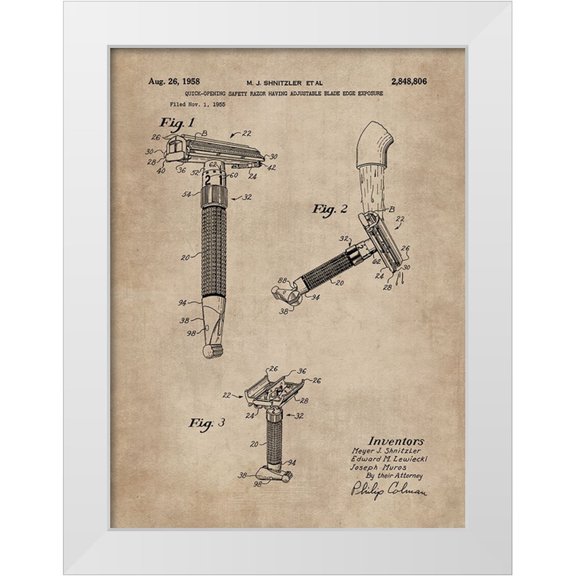 CAG 11x14 White Modern Wood Framed Museum Art Print Titled - Patent Document of a Razor