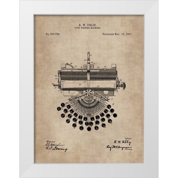 CAG 11x14 White Modern Wood Framed Museum Art Print Titled - Patent Document of a Type Writing Machine