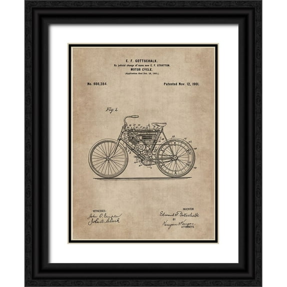 CAG 19x24 Black Ornate Wood Framed with Double Matting Museum Art Print Titled - Patent Document of a Motor Cycle