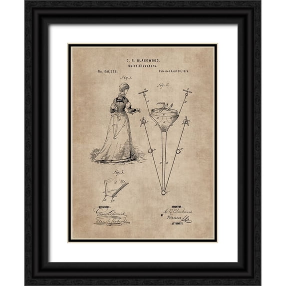 CAG 19x24 Black Ornate Wood Framed with Double Matting Museum Art Print Titled - Patent Document of a Skirt Elevator