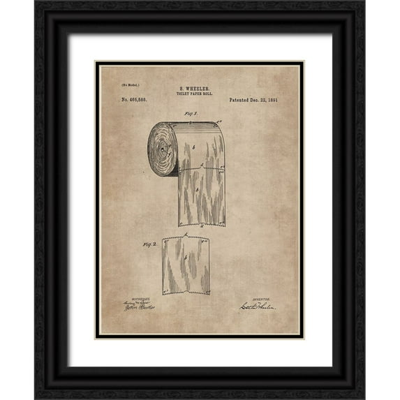 CAG 19x24 Black Ornate Wood Framed with Double Matting Museum Art Print Titled - Patent Document of a Toilet Paper Roll