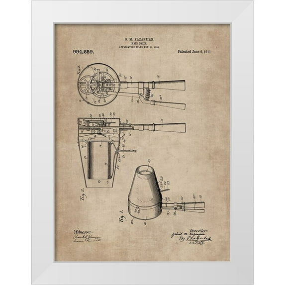 CAG 19x24 White Modern Wood Framed Museum Art Print Titled - Patent Document of a Hair Dryer