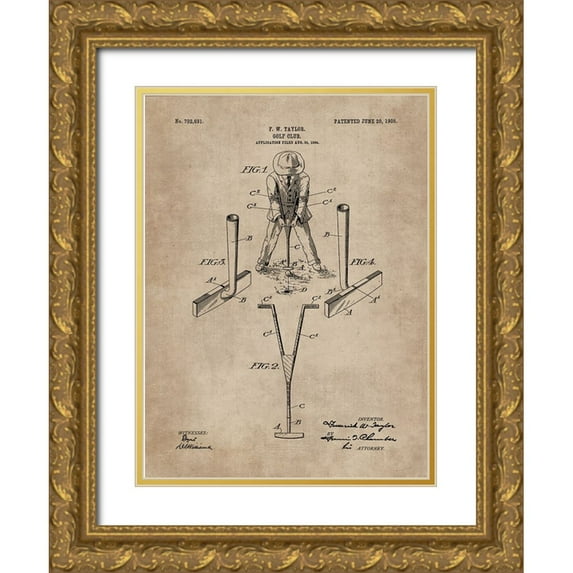 CAG 25x32 Gold Ornate Wood Framed with Double Matting Museum Art Print Titled - Patent Document of a Golf Club
