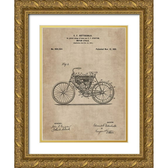 CAG 25x32 Gold Ornate Wood Framed with Double Matting Museum Art Print Titled - Patent Document of a Motor Cycle