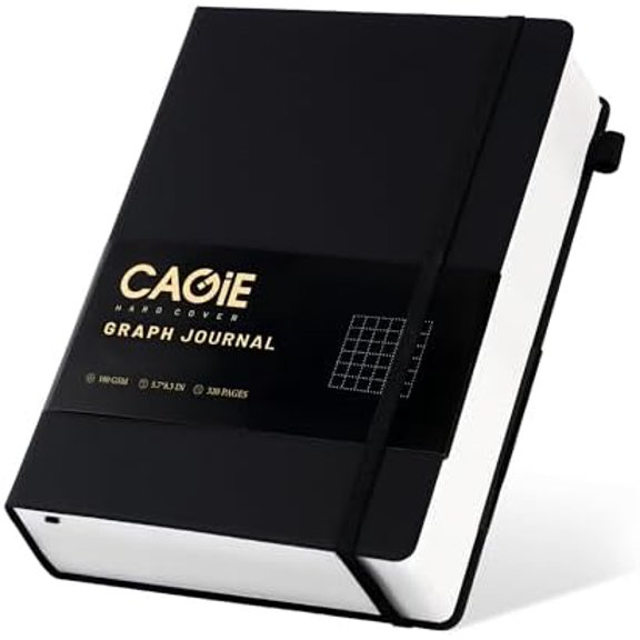 CAGIE Graph Notebook 320 Pages 100 GSM Paper Graphing Grid Journal A5 Hardcover Leather Quad Ruled Notebooks for Engineering, Math, Work, Black
