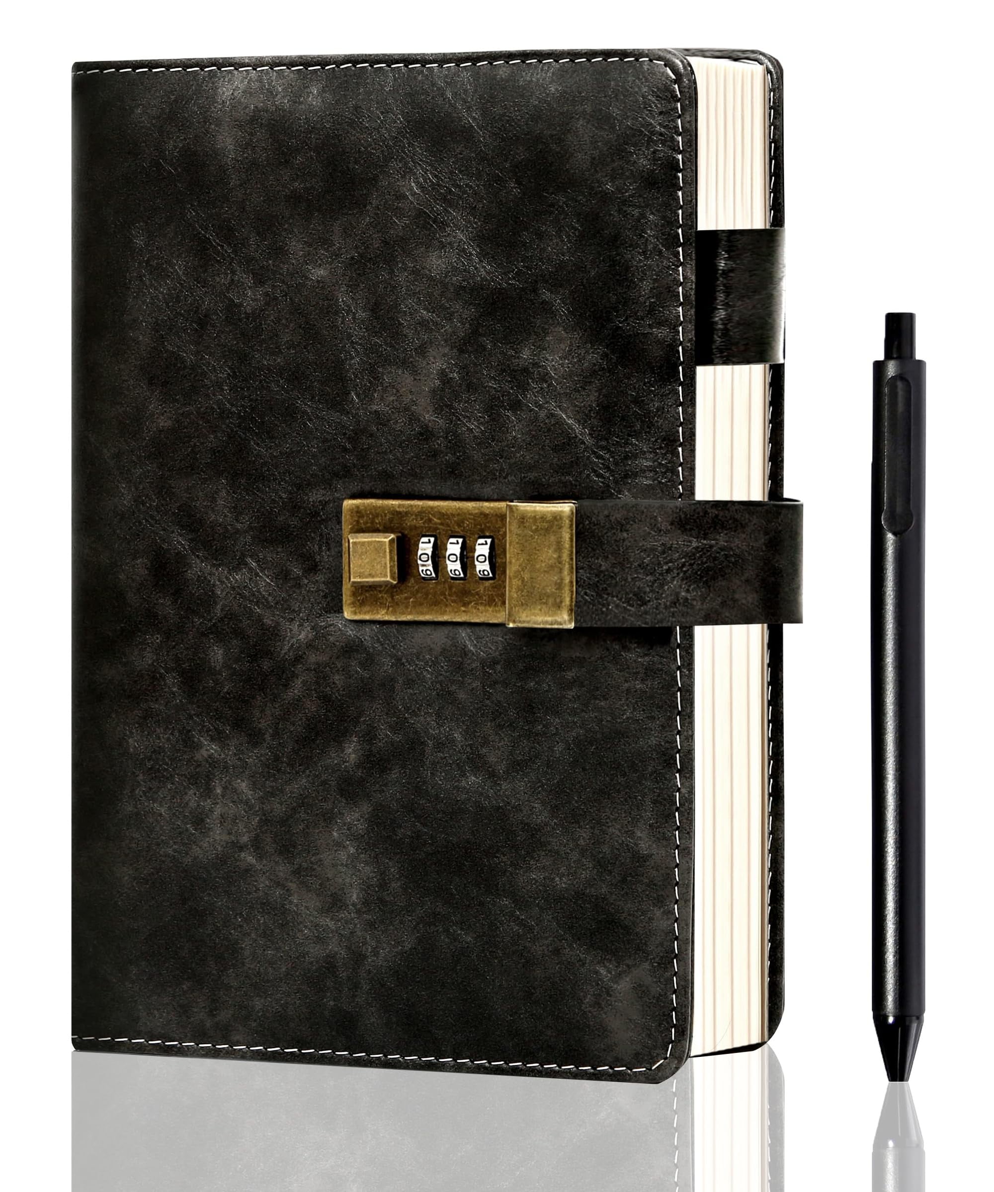 CAGIE Journal with Lock Refillable Locked Journal with Pen A5 PU Leather Journals for Writing 192 Lined Pages Diary Journal for Men and Women Gift, 5.7x 8.5 Inches, Black