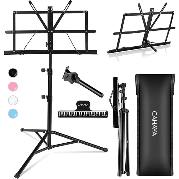 CAHAYA Dual-Use Reinforced Folding Sheet Music Stand with Stand Light & Desktop Book Stand Lightweight Portable Adjustable with Carrying Bag Including Music Sheet Clip Holder