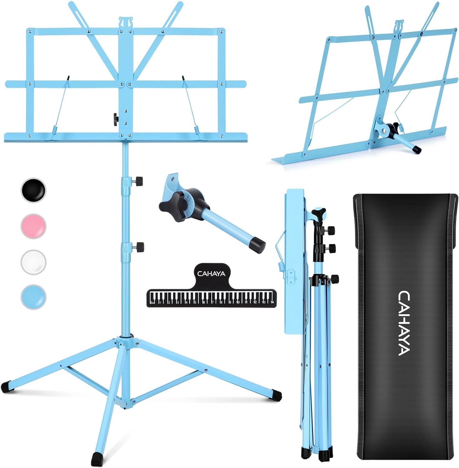CAHAYA Portable Sheet Music Stand: Dual Use Desktop Book Holder Folding Lightweight Extra Stable Reinforced with Carrying Bag and Clip for Students Musicians Height Adjustable up to 54.3" CMS0204BL