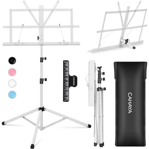 CAHAYA Portable Sheet Music Stand: Dual Use Desktop Book Holder Folding Lightweight Extra Stable Reinforced with Carrying Bag and Clip for Students Musicians Height Adjustable up to 54.3" CMS0204W