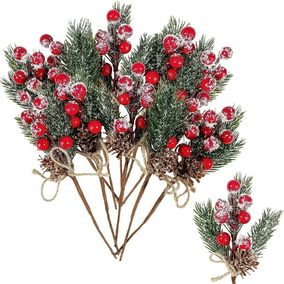 CAHQHLI 1 PCS Christmas Berries Red Stems, Snow Flocked Red Holly Berry Pine Cone Floral Sprays Decoration,Winter Holiday Floral Picks,Red