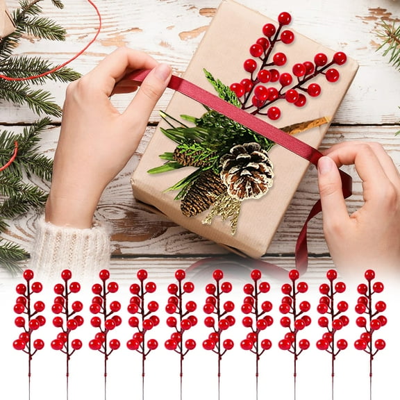 CAHQHLI 10 Pack Christmas Tree Decoration, 9 inch Christmas Artificial Red Berry Stems Picks Filler for Tree, Holly Berries Branches Christmas Tree ornaments DIY Crafts Xmas Winter Holiday Decor,Red