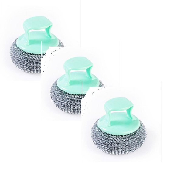 CAHQHLI 3 Pcs Steel Wool Scrubber - Stainless Steel Scrubbers for Cleaning Dishes - Metal Scrubber for Pots, Pans, Grills, Sink,Ovens - 1 Pcs Metal Sponge with 1 Pcs Plastic Handle
