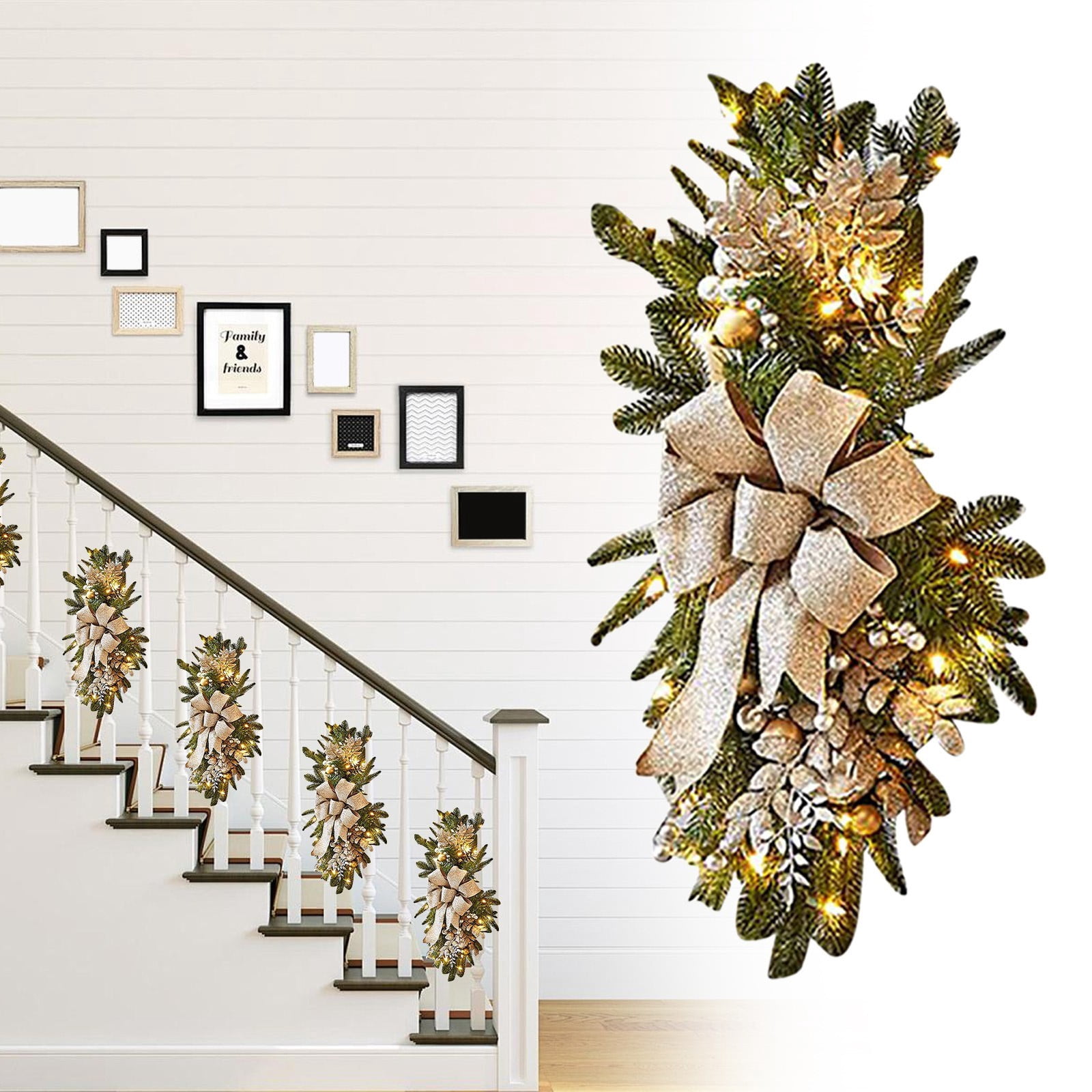 Wraeth Stairs CAHQHLI Christmas Swags Garland Christmas Wreaths 18'' Prelit Xmas ...