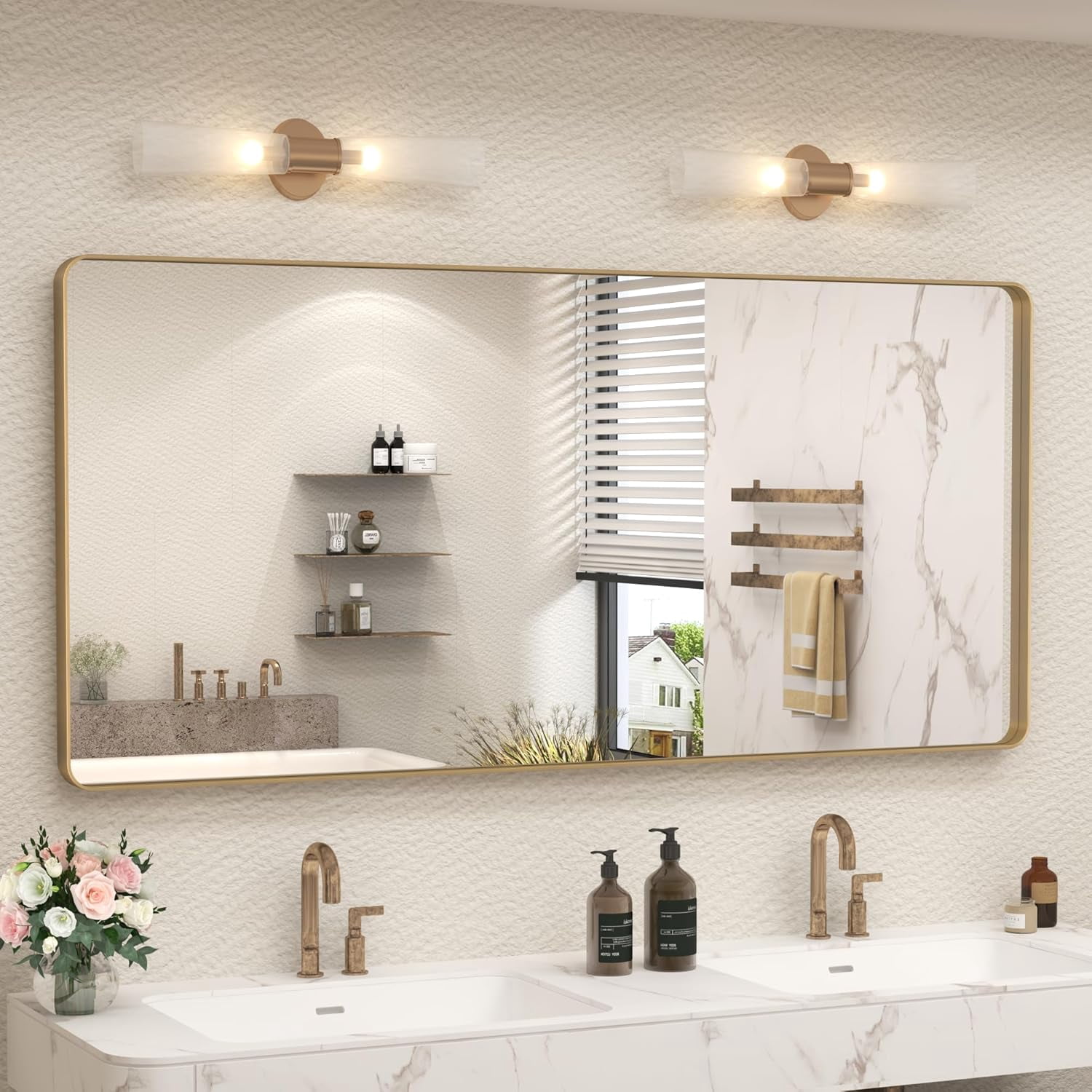 CAHRMOR 60x28 Brushed Gold Mirror for Bathroom, Golden Metal Framed ...
