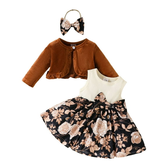 CAICJ98 1st Birthday Girl Outfit Long Sleeve Velvet Cardigan Floral Turu Dress Headband Toddler Baby Girls Fall Winter Clothes (12-18 Months,Brown)