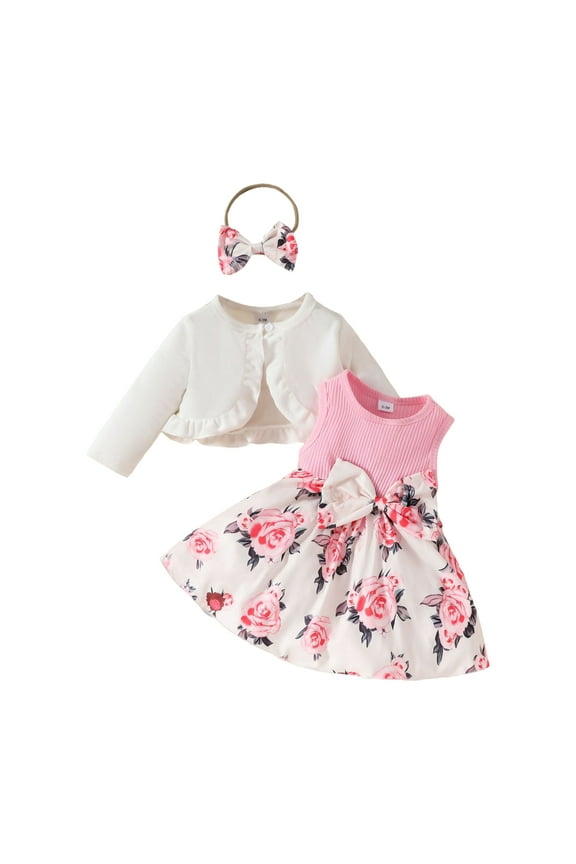 1st Birthday Girl Outfit Long Sleeve Velvet Cardigan Floral Turu Dress Headband Toddler Baby Girls Fall Winter Clothes (12-18 Months,White)