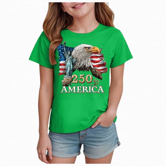 CAICJ98 250 Anniversary Shirts Boys Girls American Flag Shirt 4th of July Shirt for Kids USA Flag Shirt Toddler Patriotic Shirt Top T-Shirt (Green,9-10 Years)
