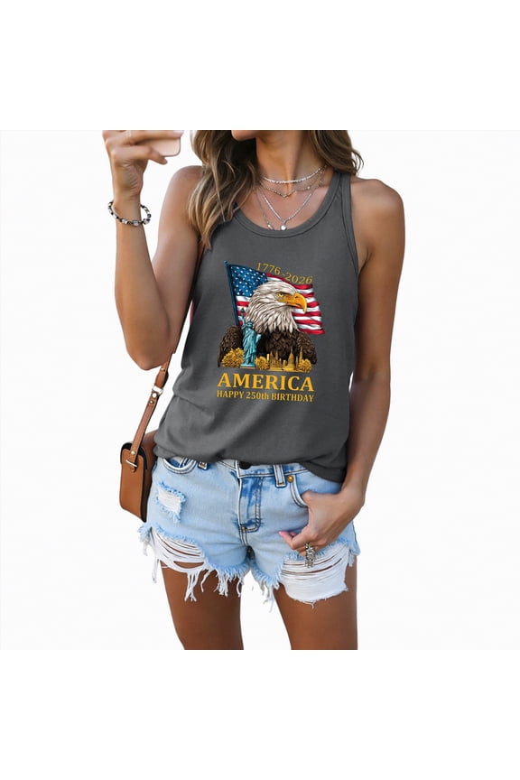 250 Anniversary USA Shirt, 4th of July Tank Tops Women American Flag Top Independence Day Patriotic Tanks USA Flag Casual Sleeveless Shirts (Grey,L)