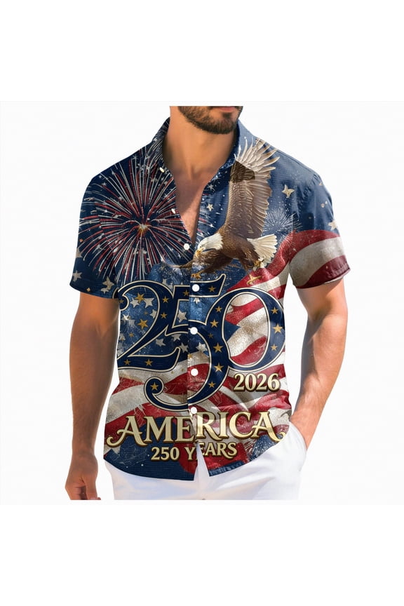 250 Anniversary USA T Shirt, Men's American Flag Patriotic Button Down Shirt USA 4th of July Short Sleeve Tshirts Shirts for Men (Blue,L)