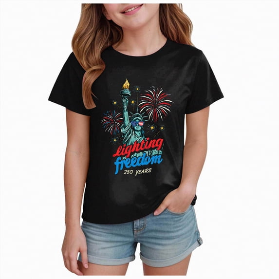 CAICJ98 250 Years American 1776 2026 250th USA Birthday 4th of July Boy Girl T-Shirts (Black,5-6 Years)
