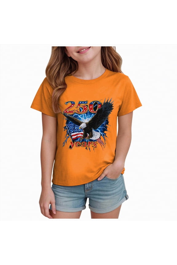 250th Anniversary USA Shirt Boys Girls American Flag Shirts 4th of July T-Shirts Toddler Cotton Patriotic Tops Tee Kids Independence Day Clothes (Orange,5-6 Years)