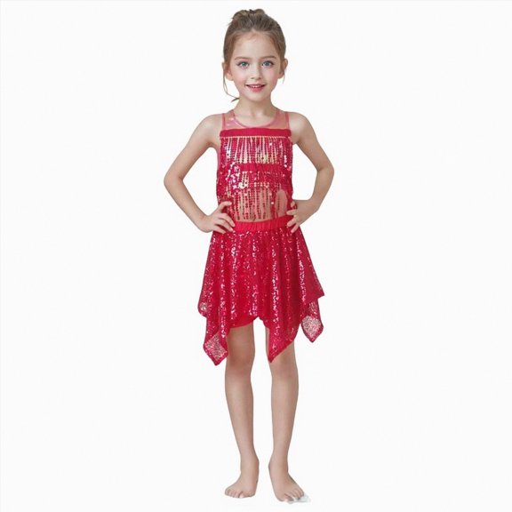 CAICJ98 2Pcs Kids Girls Shiny Metallic Sleeveless Crop Top with Asymmetrical Skirt Set Dancewear Performance Outfits (Red,3-4 Years)