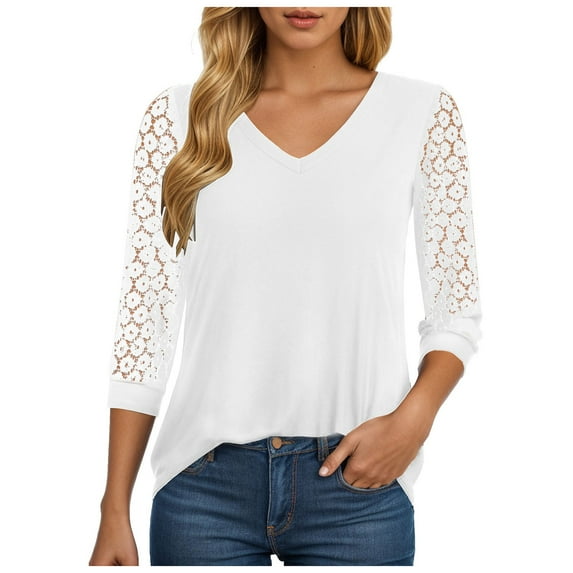 CAICJ98 3/4 Length Sleeve Womens Tops Summer V Neck Lace Tunic Tshirts for Women Business Casual Fashion Blouses Tops 2025 White,L