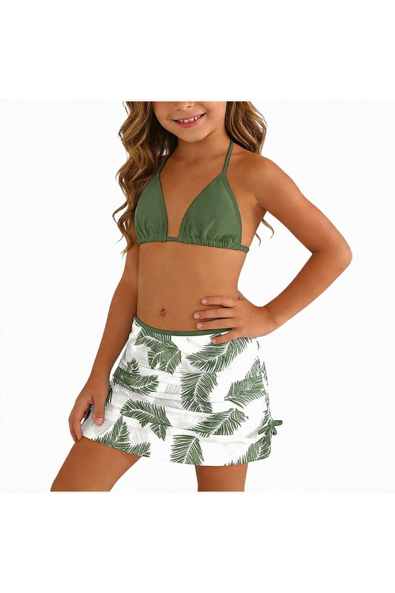 3 Piece Swimsuits for Girls 2026 Summer Bikini Sets with Tropical Print Skirt Sets Beach Bathing Suits for Teen Girls Swimwear (Green,13-14 Years)