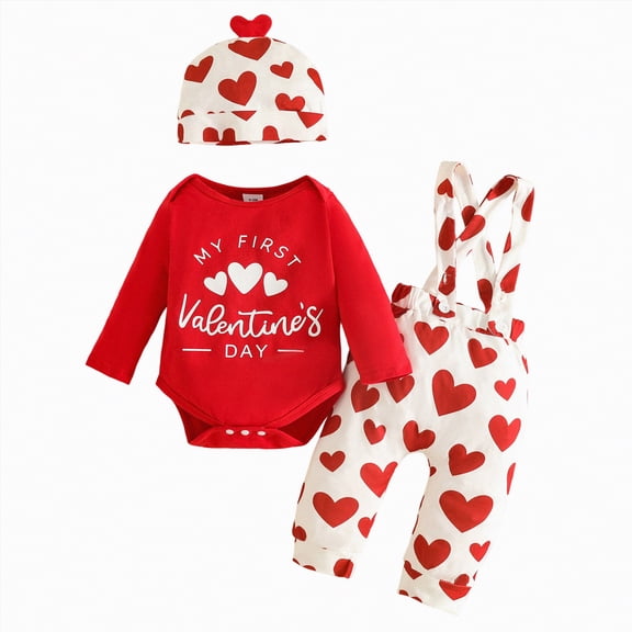 CAICJ98 3pcs Newborn Baby Girl Boy My First Valentine's Day Outfit Heart Print Bodysuit Suspender Pants Hat Infant Clothes Set (White,3-6 Months)