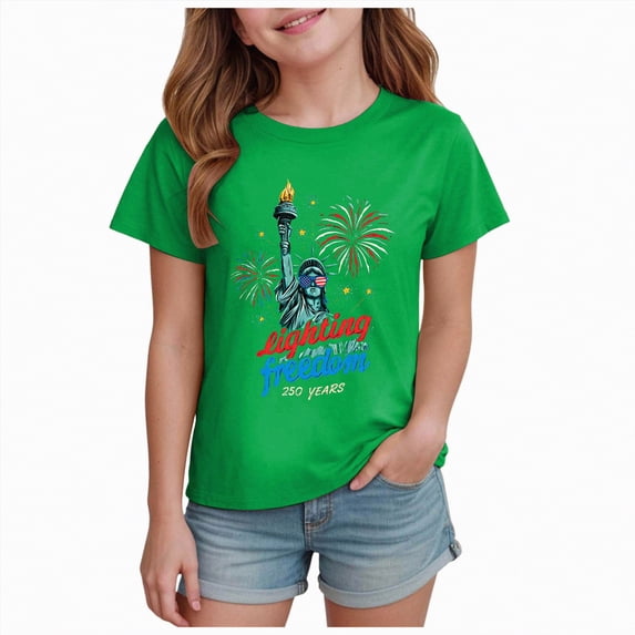 CAICJ98 America 250 Shirt Boys Girls American Flag Shirt 4th of July T-Shirt Kids Patriotic Short Sleeve USA Stripes Tees Shirts (Green,13-14 Years)